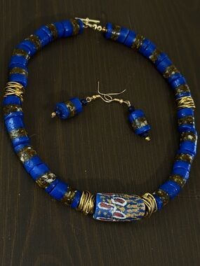 Handmade Blue African Trade  Bead Necklace & Earrings Set - Unbranded